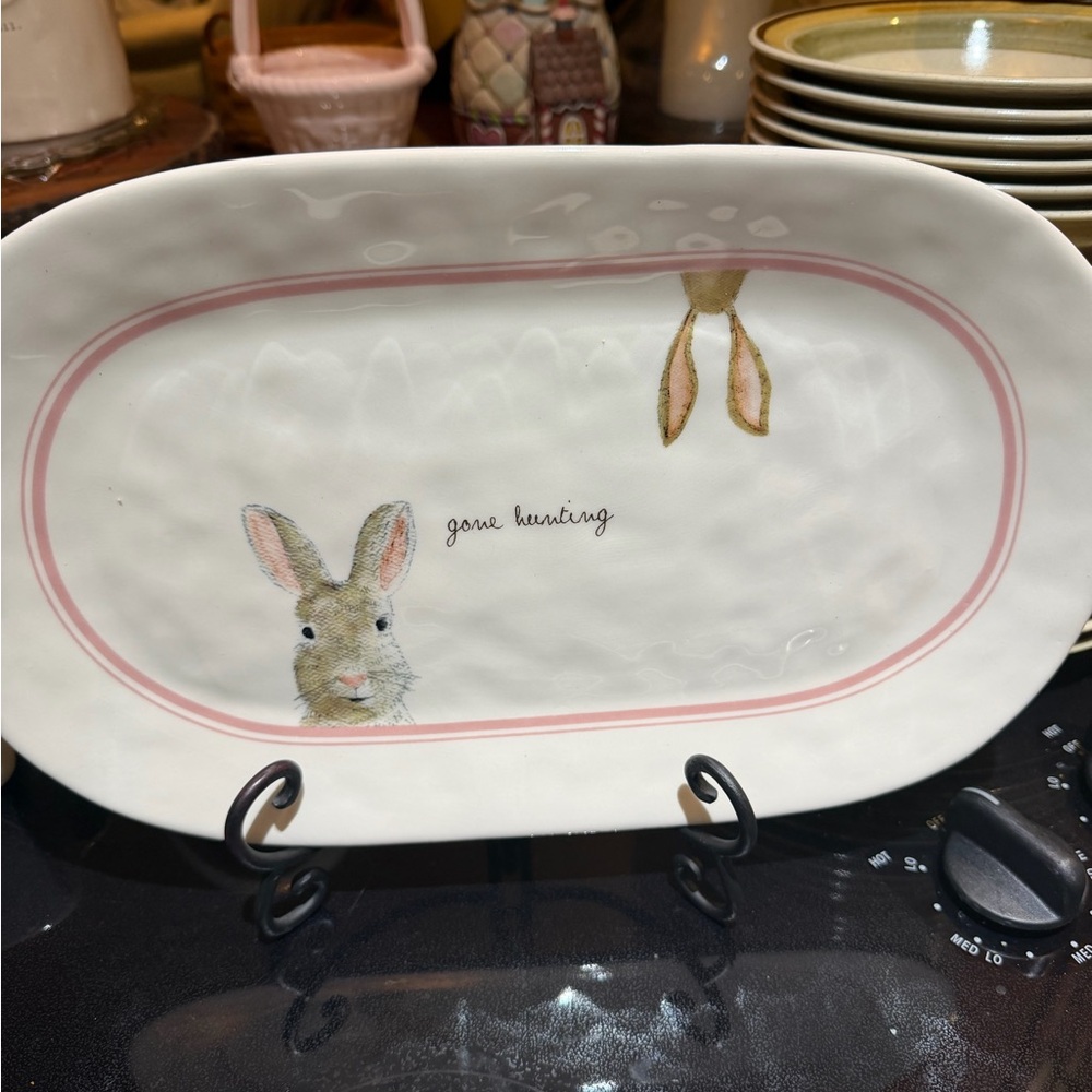 Rae Dunn White Platter with Pink Trim and Bunny - Picture 1 of 1